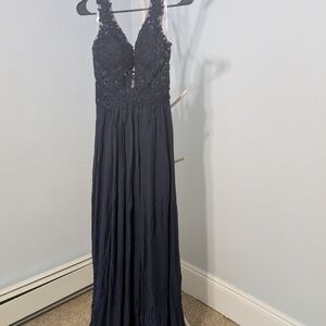 Sherri Hill Navy Beaded Lace Halter Prom Gown